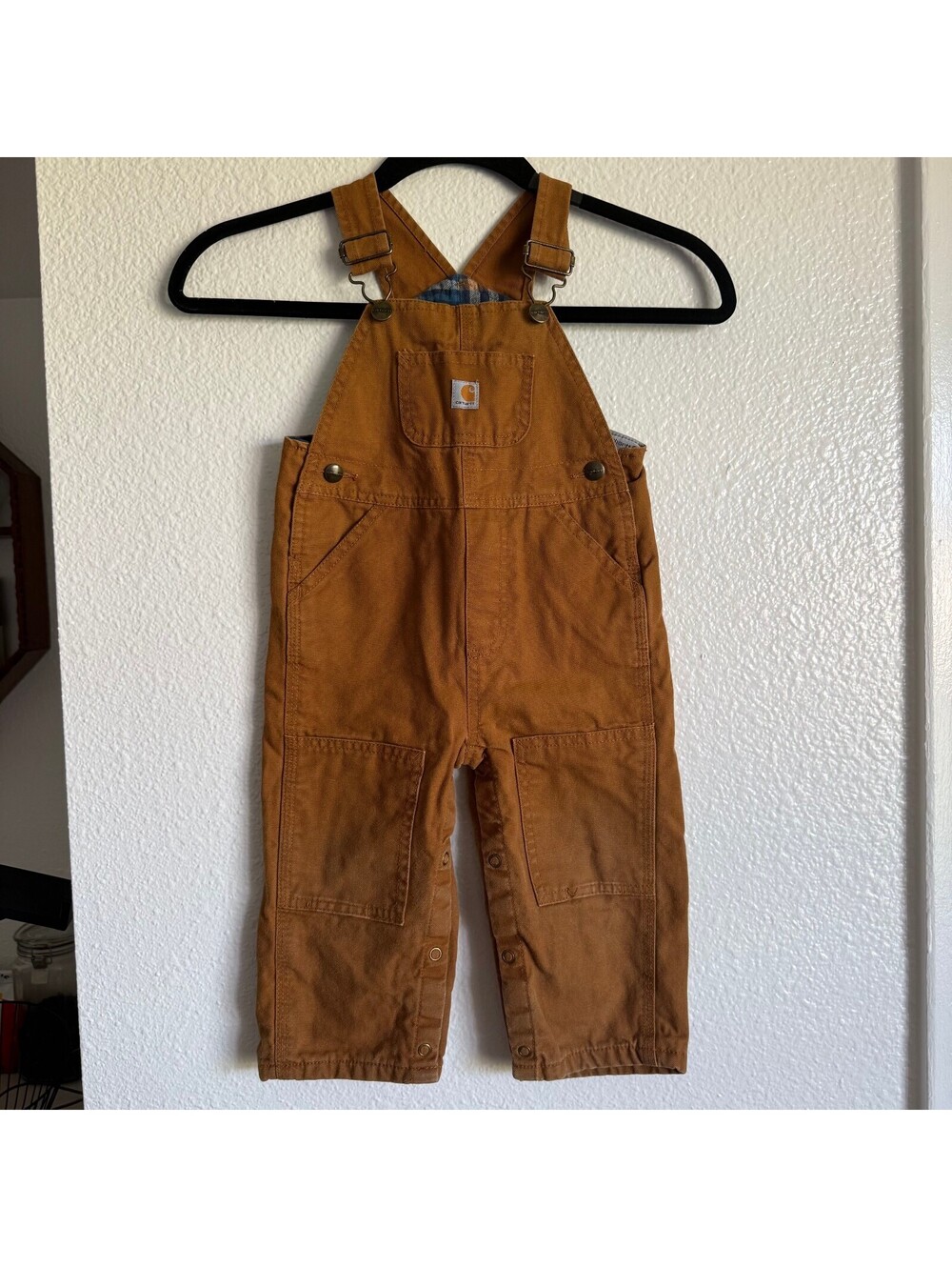 Carhartt Baby 18M Brown Bib Overalls Flannel Lined Blue Plaid Workwear